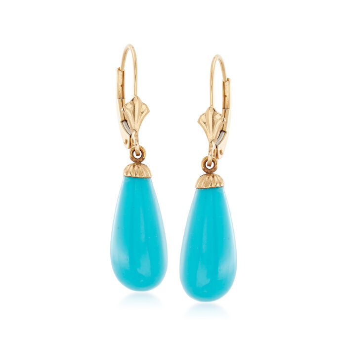 C. 1990 Vintage Synthetic Turquoise Teardrop Earrings in 14kt Yellow Gold