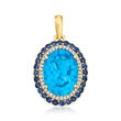 13.00 Carat Swiss Blue Topaz, 1.40 ct. t.w. Sapphire and .22 ct. t.w. Diamond Pendant in 14kt Yellow Gold