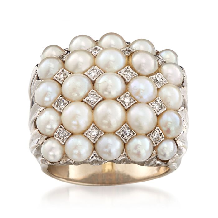 C. 1960 Vintage 3.5-4.5mm Cultured Pearl and .20 ct. t.w. Diamond Cluster Ring in 14kt White Gold