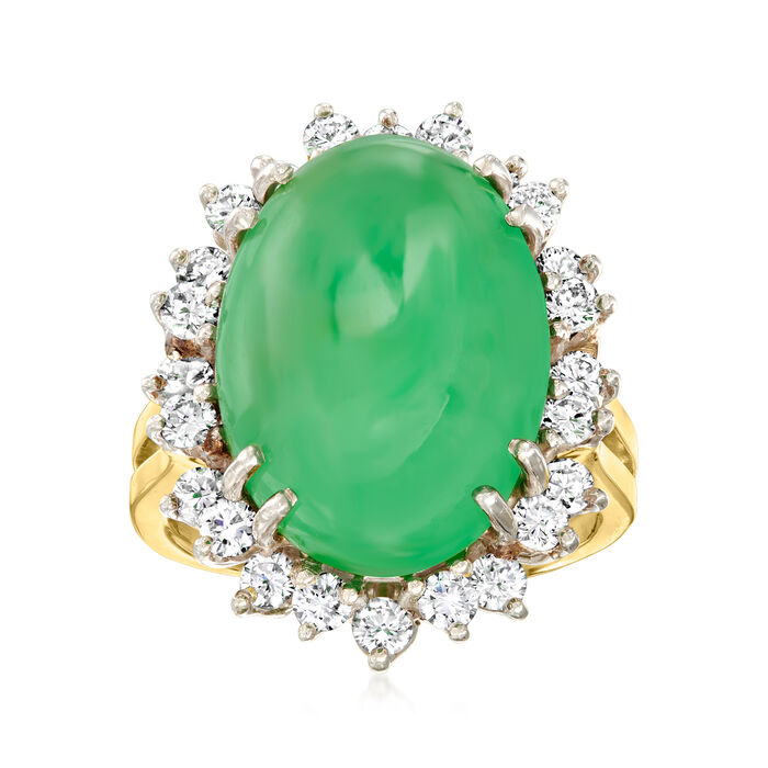 C. 1980 Vintage Jade and 1.30 ct. t.w. Diamond Ring in 14kt Yellow Gold