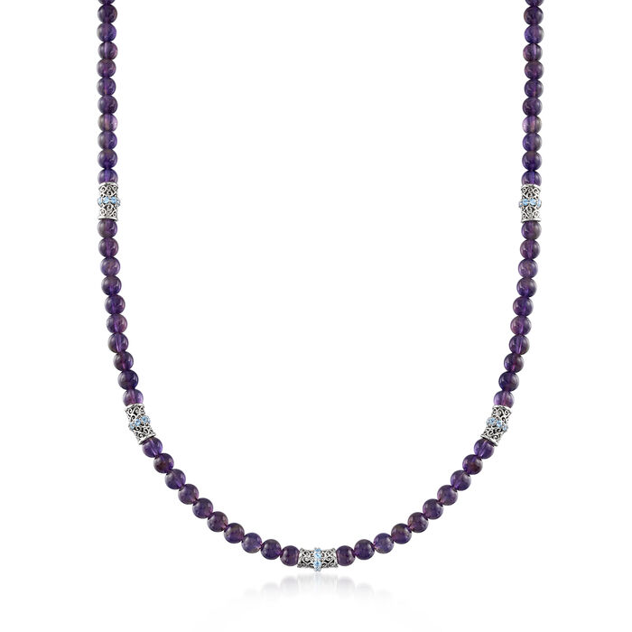 100.00 ct. t.w. Amethyst and 2.00 ct. t.w. Swiss Blue Topaz Bead Necklace in Sterling Silver