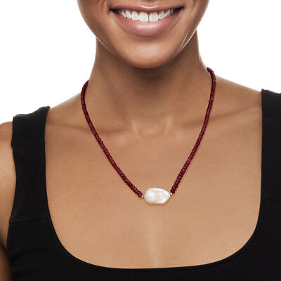 24x13mm Cultured Baroque Pearl and 70.00 ct. t.w. Ruby Bead Necklace with 18kt Gold Over Sterling
