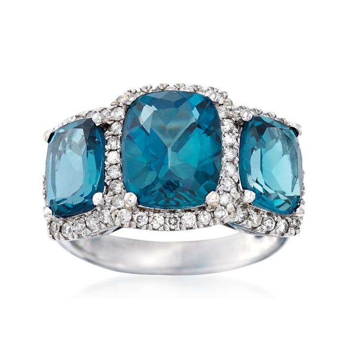 6.75 ct. t.w. London Blue Topaz and .46 ct. t.w. Diamond Three-Stone Ring in 18kt White Gold