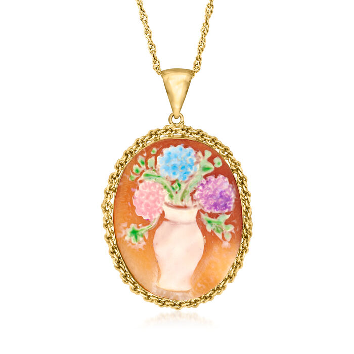 Italian Orange Shell and Multicolored Enamel Hydrangea Cameo Pendant Necklace in 18kt Gold Over Sterling