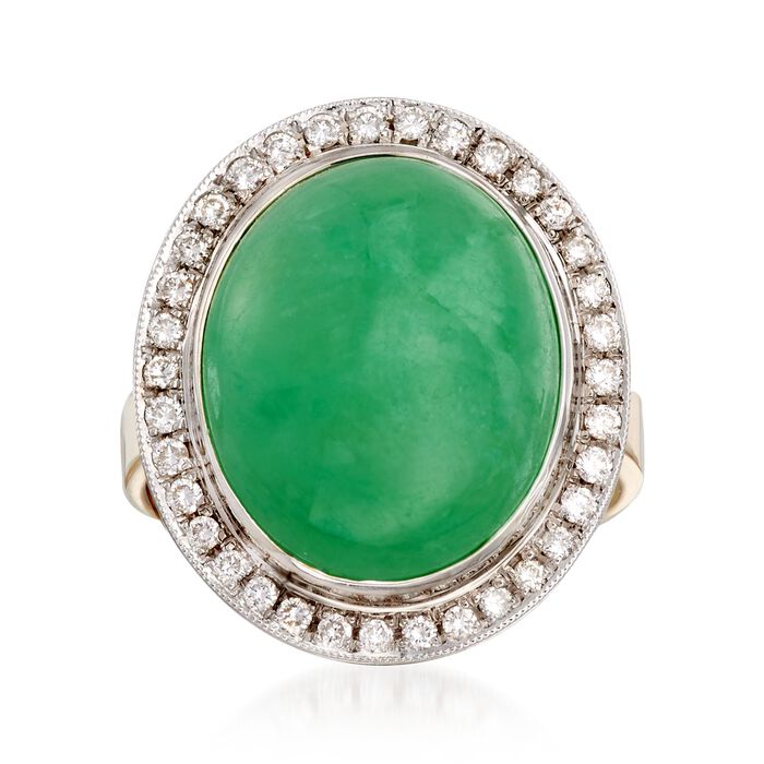 C. 1990 Vintage Jade and .45 ct. t.w. Diamond Ring in 18kt Two-Tone Gold