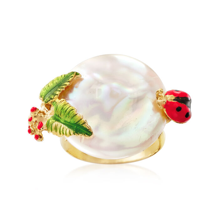 Italian Cultured Pearl and Enamel Ladybug and Vine Ring in 18kt Gold Over Sterling