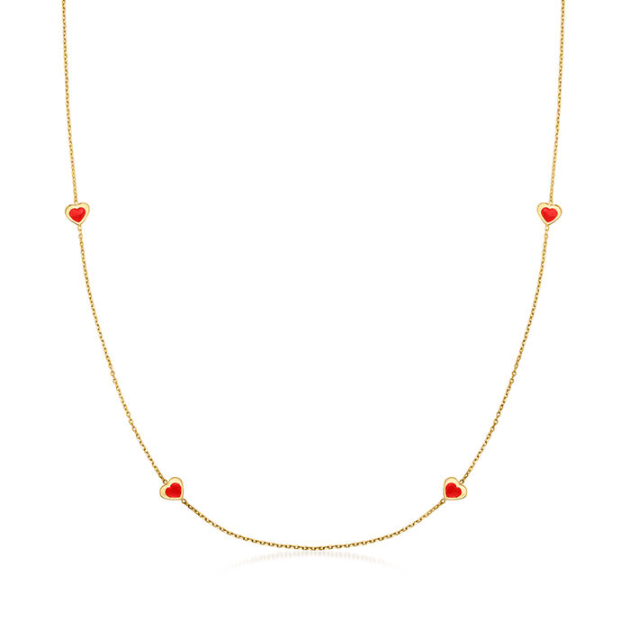 Italian Red Enamel Heart Station Necklace in 14kt Yellow Gold