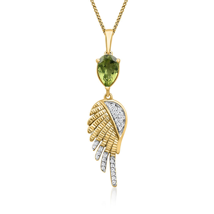 1.10 Carat Peridot Angel Wing Pendant Necklace with .10 ct. t.w. White Topaz in 18kt Gold Over Sterling
