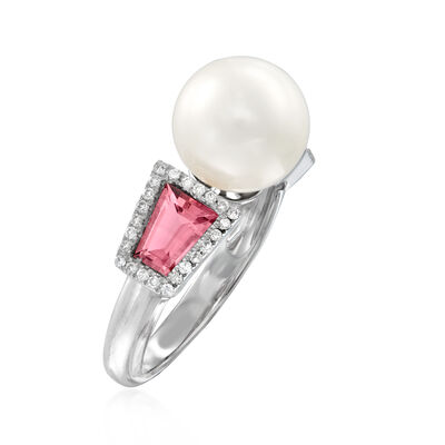 9.5-10mm Cultured Pearl, 1.00 ct. t.w. Pink Tourmaline and .19 ct. t.w. Diamond Ring in 14kt White Gold