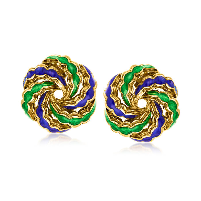 C. 1960 Vintage Blue and Green Enamel Swirl Clip-On Earrings in 18kt Yellow Gold