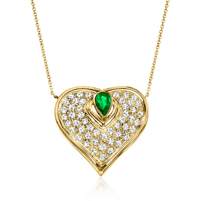 C. 1980 Vintage .50 Carat Emerald and 1.50 ct. t.w. Diamond Heart Necklace in 18kt Yellow Gold