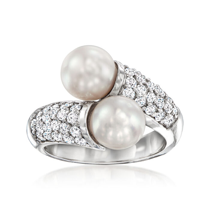 7.5-8mm Cultured Pearl and .87 ct. t.w. Diamond Bypass Ring in 14kt White Gold