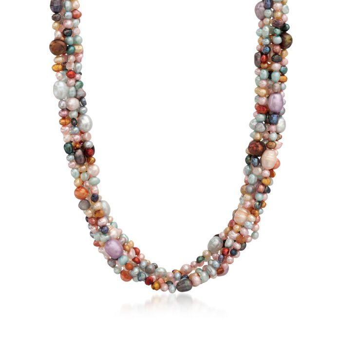 4-7.5mm Multicolored Cultured Pearl Torsade Necklace with Sterling Silver
