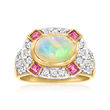 Opal, .80 ct. t.w. White Zircon and .50 ct. t.w. Rhodolite Garnet Ring in 18kt Gold Over Sterling