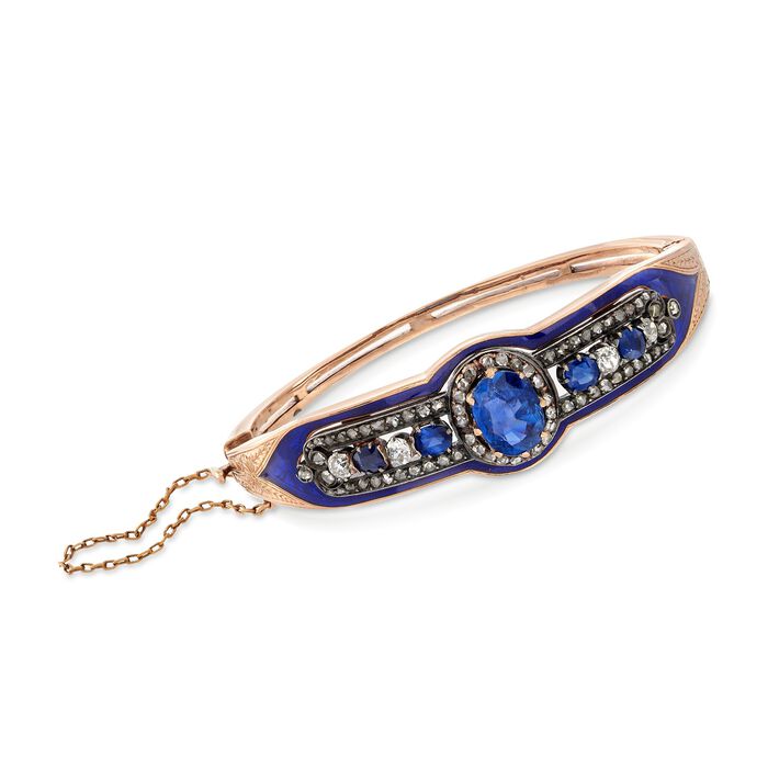 C. 1900 Vintage 4.40 ct. t.w. Sapphire and 1.10 ct. t.w. Diamond Bracelet with Blue Enamel in 14kt Rose Gold