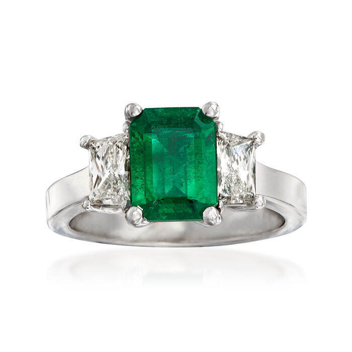 C. 2000 Vintage 1.57 Carat Emerald and .78 ct. t.w. Diamond Ring in 18kt White Gold