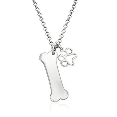 Sterling Silver Personalized Bone Necklace with Paw Print Charm