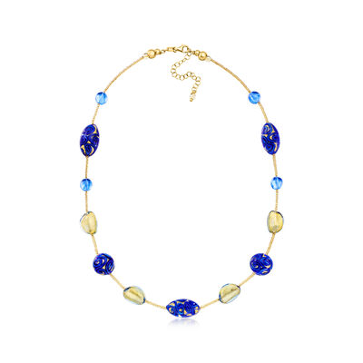 Italian Blue and Golden Murano Glass Bead Station Necklace with 18kt Gold Over Sterling