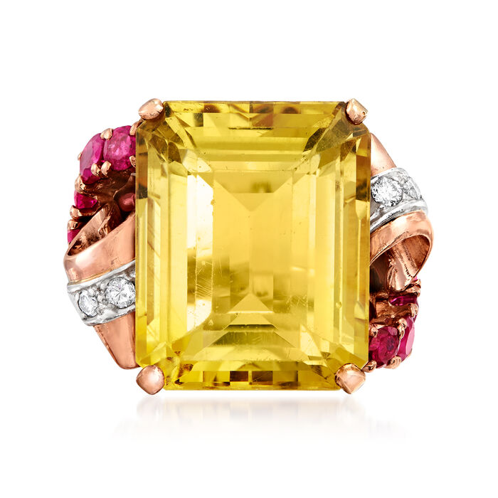 C. 1950 Vintage 21.80 Carat Citrine and 1.00 ct. t.w. Ruby Ring with .15 ct. t.w. Diamond in 14kt Rose Gold