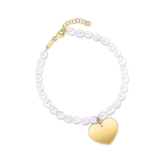 4.5-5mm Cultured Pearl and 14kt Yellow Gold Heart Bracelet