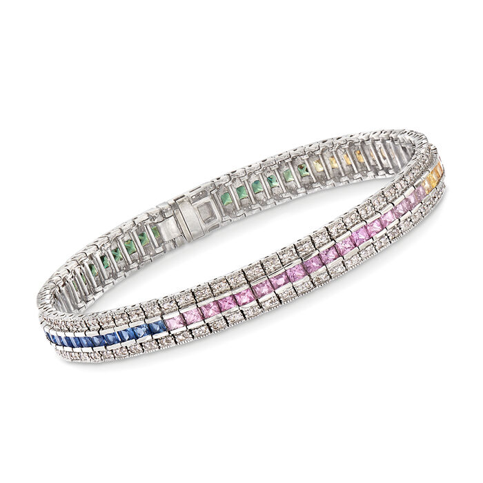 C. 1980 Vintage 8.15 ct. t.w. Multicolored Sapphire and 1.10 ct. t.w. Diamond Triple-Row Tennis Bracelet in 14kt White Gold