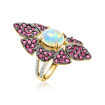 Ethiopian Opal and 2.20 ct. t.w. Rhodolite Garnet Ring with .20 ct. t.w. White Zircon in 18kt Gold Over Sterling