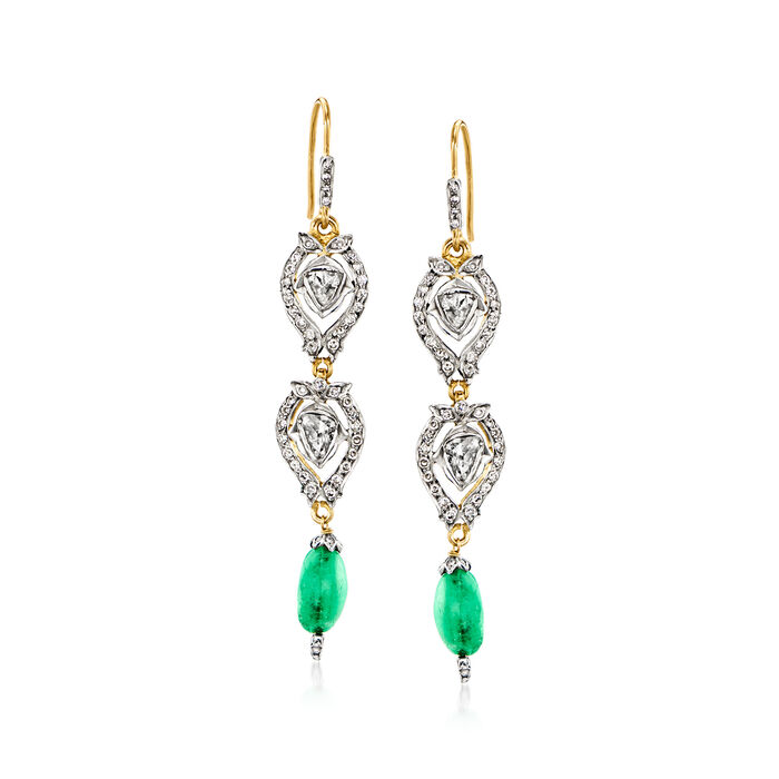 C. 1990 Vintage 3.00 ct. t.w. Emerald and 2.20 ct. t.w. Diamond Drop Earrings in 14kt Yellow Gold and Sterling Silver