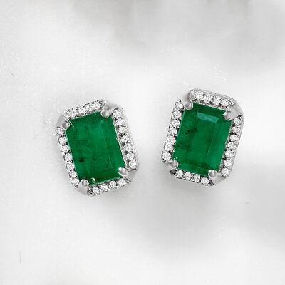 2.00 ct. t.w. Emerald and .15 ct. t.w. Diamond Earrings in 14kt White Gold
