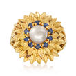 C. 1970 Vintage 6.5mm Cultured Pearl and .60 ct. t.w. Sapphire Flower Ring in 14kt Yellow Gold