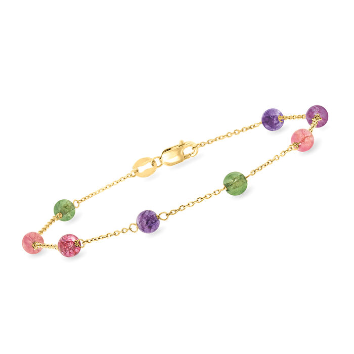 3.10 ct. t.w. Multicolored Tourmaline and .80 ct. t.w. Amethyst Bead Station Bracelet in 18kt Yellow Gold