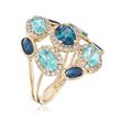2.80 ct. t.w. Blue Topaz and 1.10 ct. t.w. Sapphire Ring with .58 ct. t.w. Diamonds in 14kt Yellow Gold