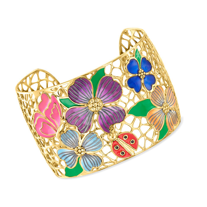 Multicolored Enamel Floral Filigree Cuff Bracelet in 18kt Gold Over Sterling
