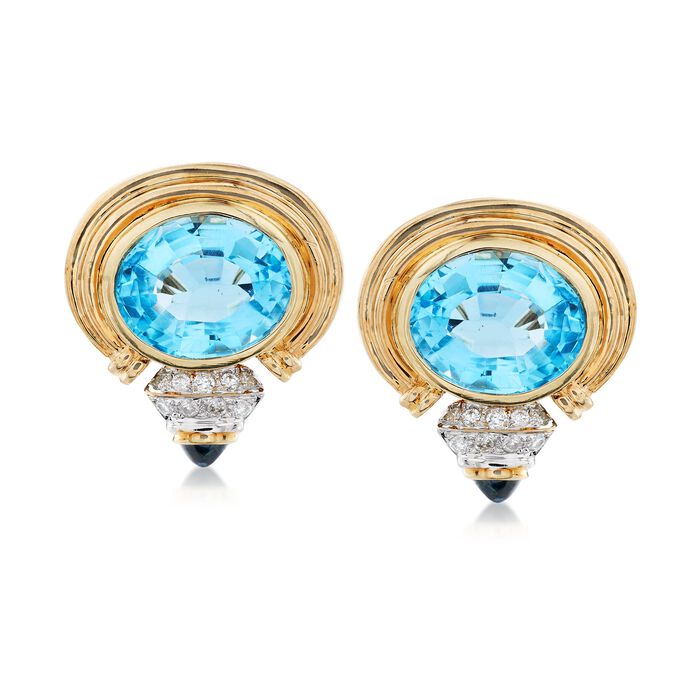 C. 1980 Vintage 26.00 ct. t.w. Blue Topaz and 1.50 ct. t.w. Sapphire Clip-On Earrings With Diamonds in 14kt Yellow Gold
