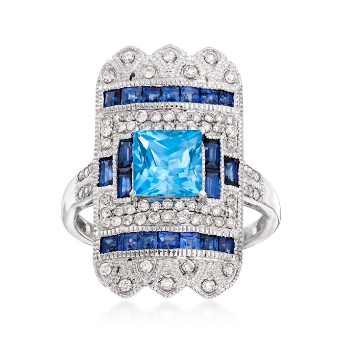 1.60 Carat Swiss Blue Topaz and 1.20 ct. t.w. Sapphire Shield Ring with .39 ct. t.w. Diamonds in 14kt White Gold