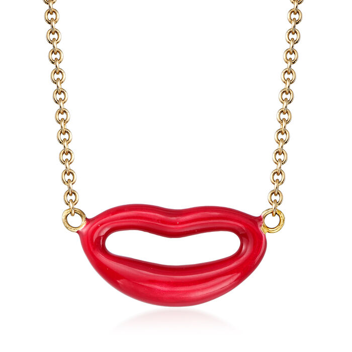Italian Red Enamel Lips Necklace in 14kt Yellow Gold