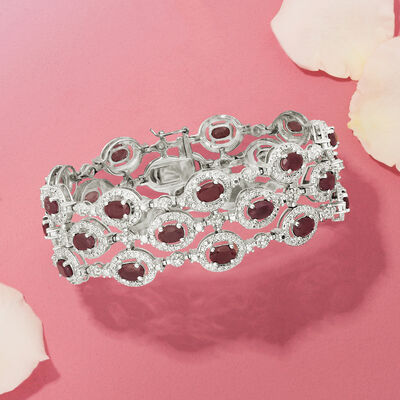 14.00 ct. t.w. Ruby Three-Row Bracelet with Diamond Accent in Sterling Silver