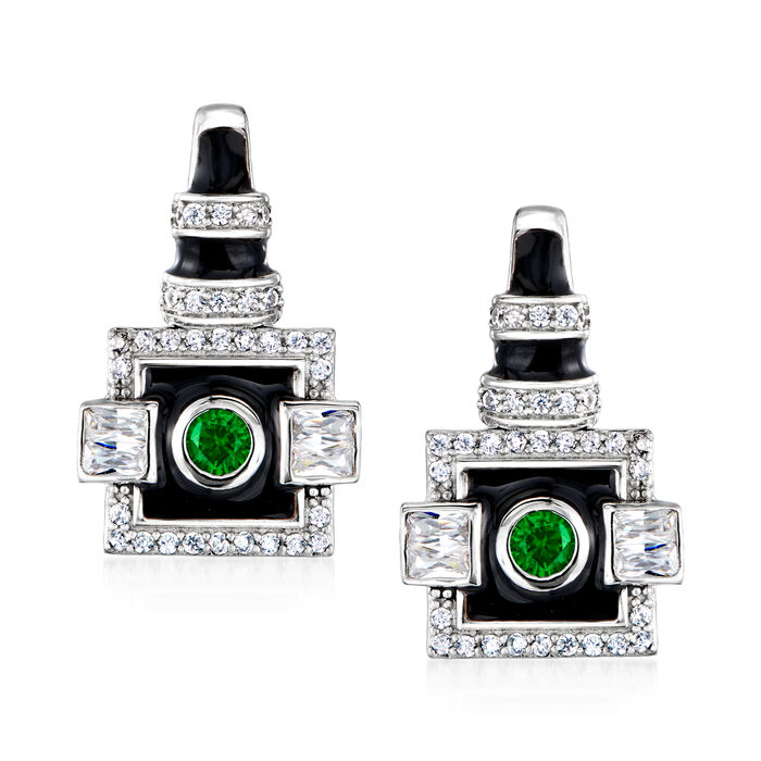 .20 ct. t.w. Simulated Emerald and .70 ct. t.w. CZ Art Deco-Style Earrings with Black Enamel in Sterling Silver