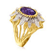 C. 1970 Vintage 4.50 Carat Amethyst and .50 ct. t.w. Diamond Sunburst Ring in 14kt Two-Tone Gold