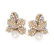 C. 1980 Vintage 10mm Cultured Pearl and 3.00 ct. t.w. Diamond Floral Clip-On Earrings in 18kt Two-Tone Gold