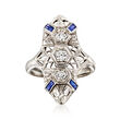 C. 1930 Vintage .33 ct. t.w. Diamond and .10 ct. t.w. Synthetic Sapphire Ring in 18kt White Gold