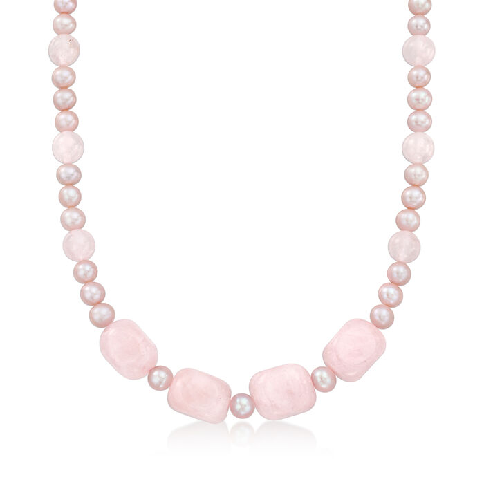 135.00 ct. t.w. Rose Quartz Bead and 6-7mm Pink Cultured Pearl Necklace with Sterling Silver