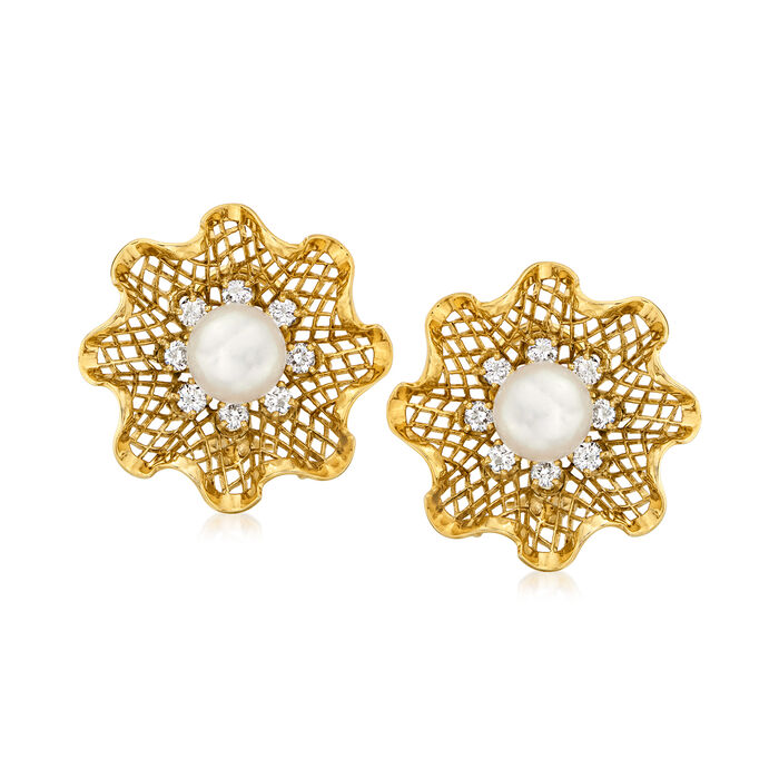 C. 1980 Vintage 8.6mm Cultured Pearl and .96 ct. t.w. Diamond Flower Earrings in 14kt Yellow Gold