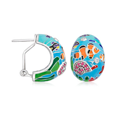 Belle Etoile &quot;Clownfish&quot; Multicolored Enamel Earrings with .16 ct. t.w. Simulated Rubies and CZ Accents in Sterling Silver