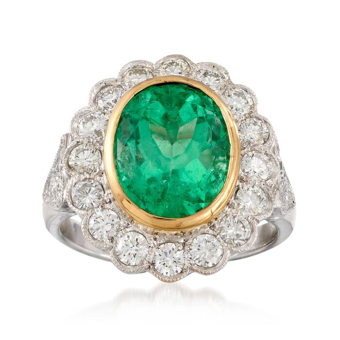 C. 1990 Vintage 4.50 Carat Emerald and 1.45 ct. t.w. Diamond Ring in 18kt Two-Tone Gold