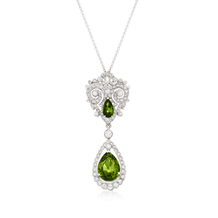 C. 2000 Vintage 4.05 ct. t.w. Green Tourmaline Pendant Necklace with .90 ct. t.w. Diamonds in 14kt and 18kt White Gold