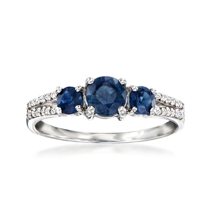 .90 ct. t.w. Sapphire Three-Stone Ring with Diamond Accents in 14kt White Gold