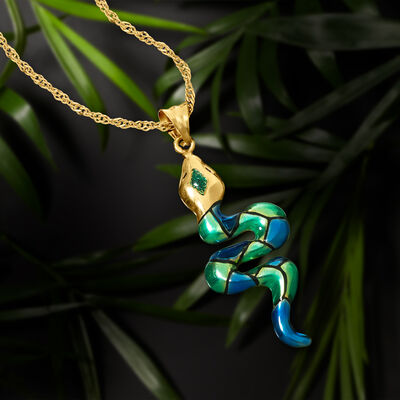 Italian Multicolored Enamel Snake Pendant Necklace in 18kt Gold Over Sterling