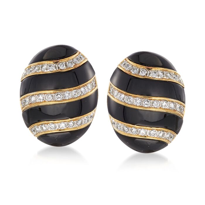C. 1990 Vintage Black Onyx and 2.50 ct. t.w. Diamond Striped Clip-On Earrings in 14kt Yellow Gold