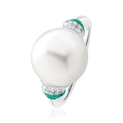 11.5-12mm Cultured South Sea Pearl Ring with .30 ct. t.w. Diamonds and .10 ct. t.w. Emeralds in 18kt White Gold