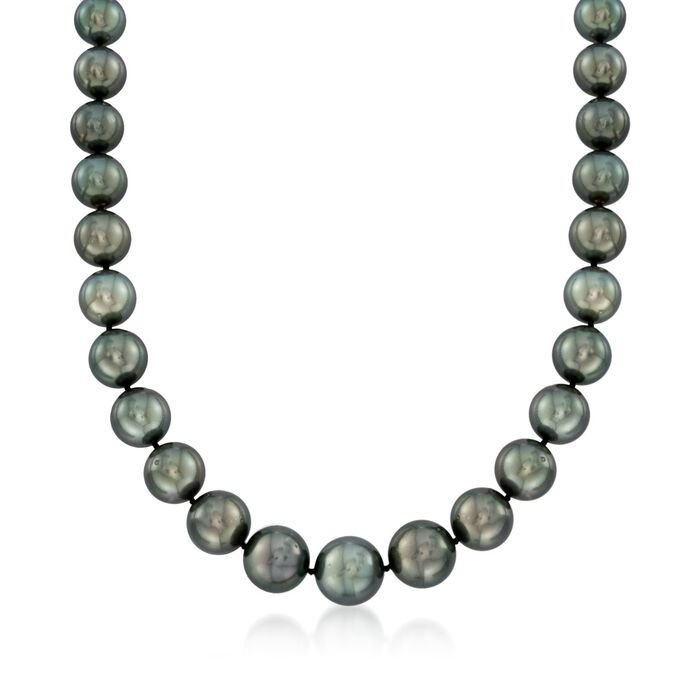 12-15mm Black Cultured Tahitian Pearl Necklace with Diamond Accent and 14kt White Gold